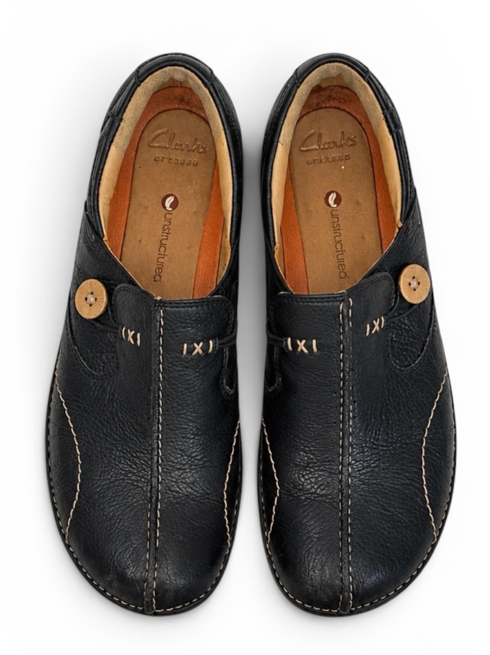 Clarks Unstructured Black Leather Slip On Loafers Comfort Shoes Women’s 9 Wide